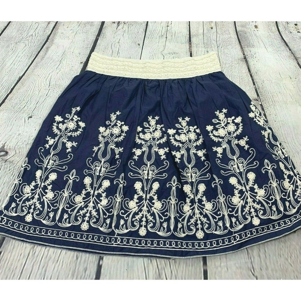 Andi + James Skirt size L A Line Blue Cream Embroidered Skater Boho Womens